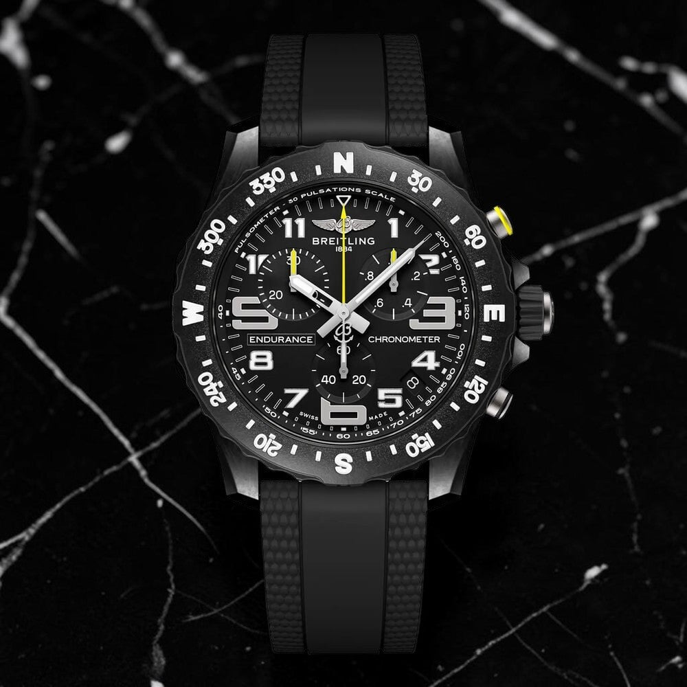 Orologio Breitling Endurance Pro 44mm con quadrante nero, Clone 1.1 dettagli gialli e cinturino in caucciù chrono ibrido